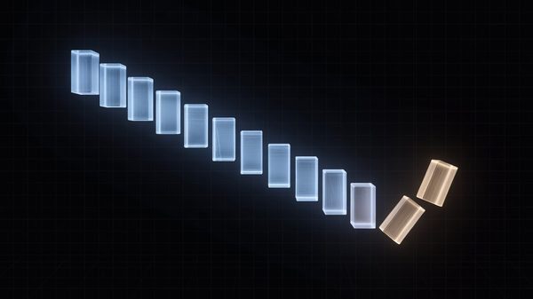 Abstract illustration of a descending bar sequence turning upward at the final step over a grid background